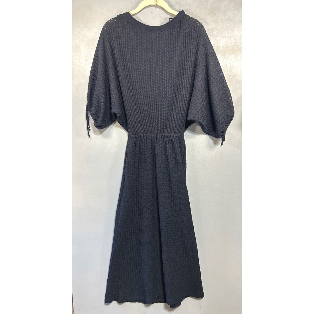Vintage Voguester Jr Black Knit Midi Dress Dolman Sleeve Waffle Texture 70s